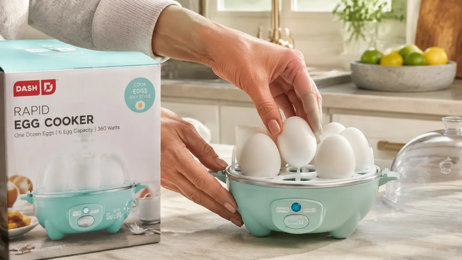Hand placing eggs into the Dash Rapid Egg Cooker egg tray with the lid off