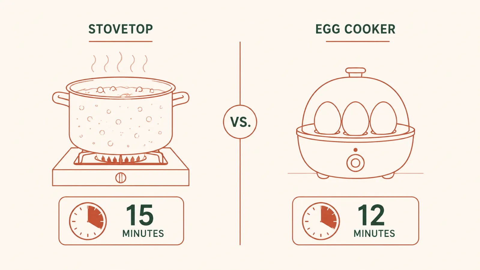Side-by-side comparison showing a pot of boiling water on a stove versus the compact Dash egg cooker