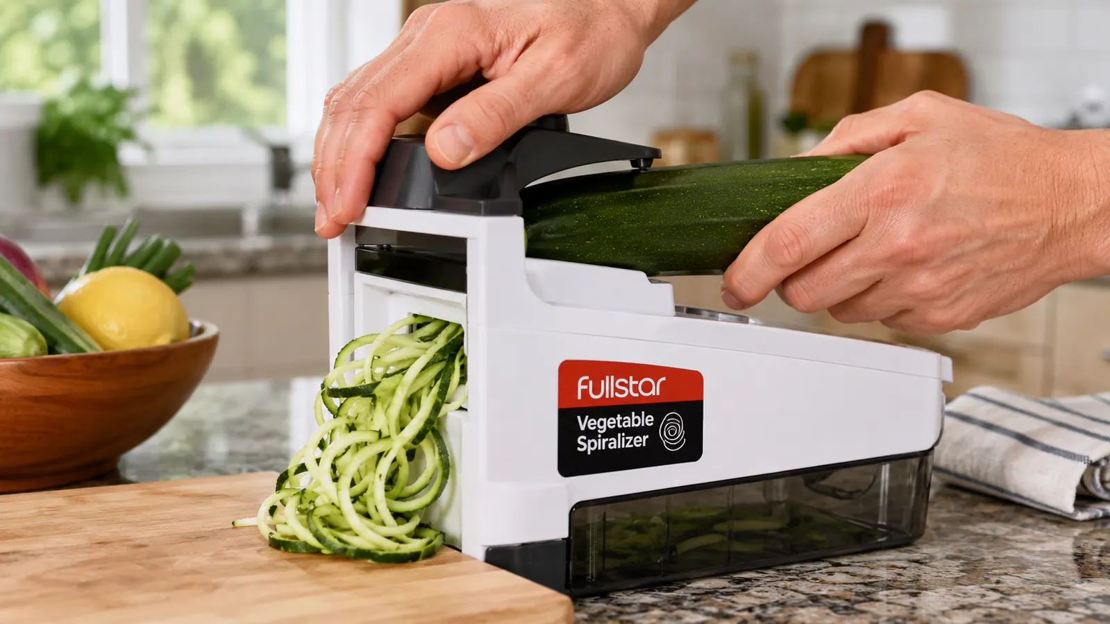 Hand feeding a zucchini into the Fullstar spiralizer with a strand of noodles coming out the other side