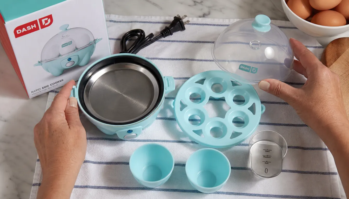 Dash egg cooker disassembled showing the tray, poaching cups, lid, and base for easy cleaning