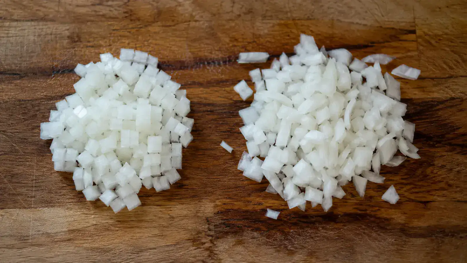 Side-by-side of uniform onion dice from the Fullstar chopper next to a rough hand-knife dice on a cutting board
