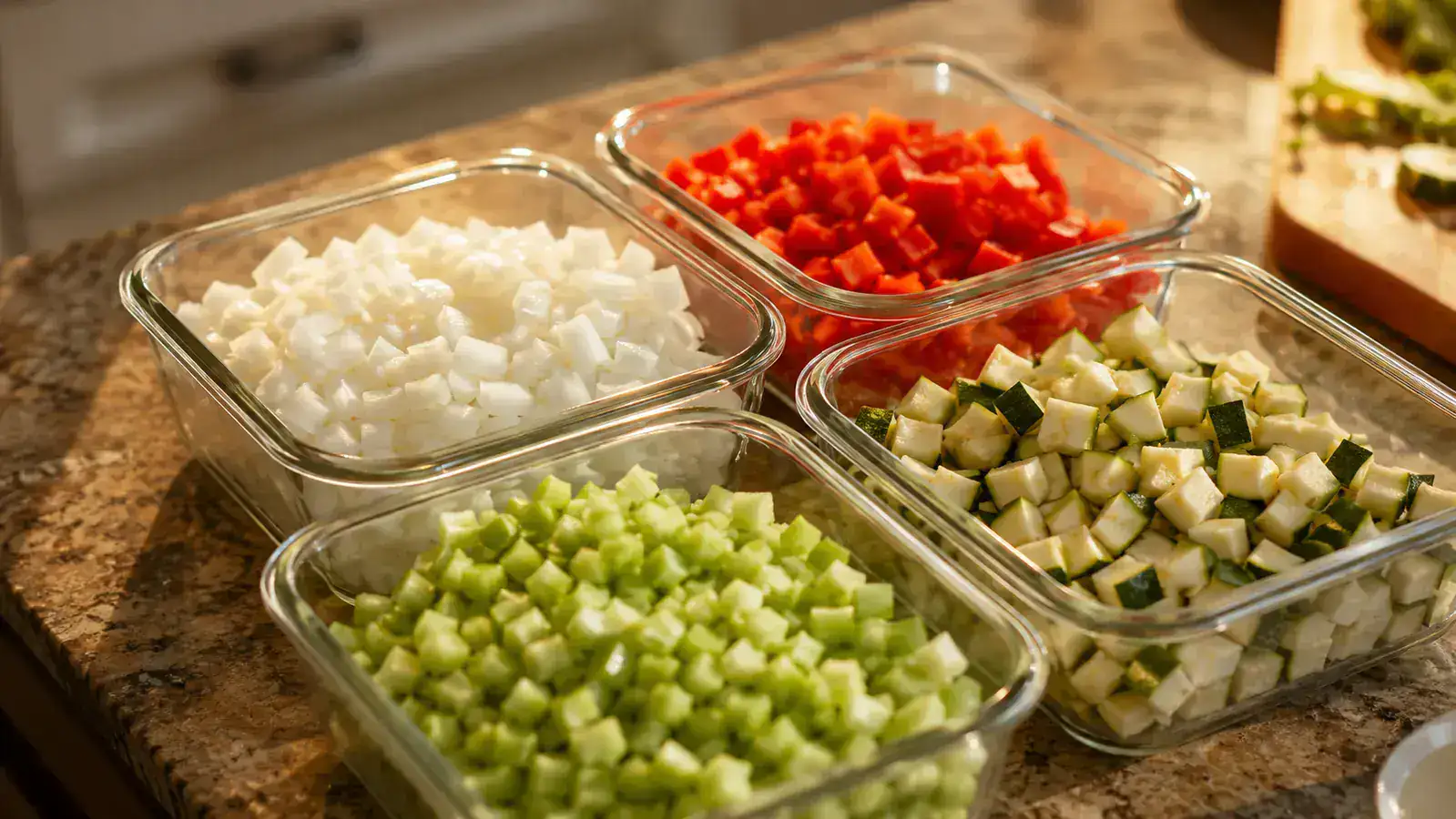 Meal prep containers lined up on a kitchen counter with uniformly diced vegetables prepped using the Fullstar chopper