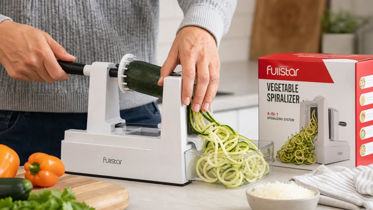 Hands loading a zucchini onto the Fullstar spiralizer and turning the handle to produce noodles