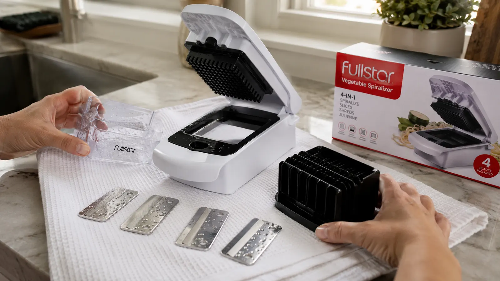 The Fullstar spiralizer disassembled with its four blades and suction cup feet laid out on a kitchen towel for cleaning