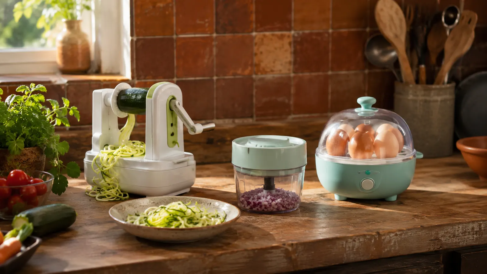A bright home kitchen counter with fresh produce, a cutting board, and well-used kitchen gadgets in warm natural light