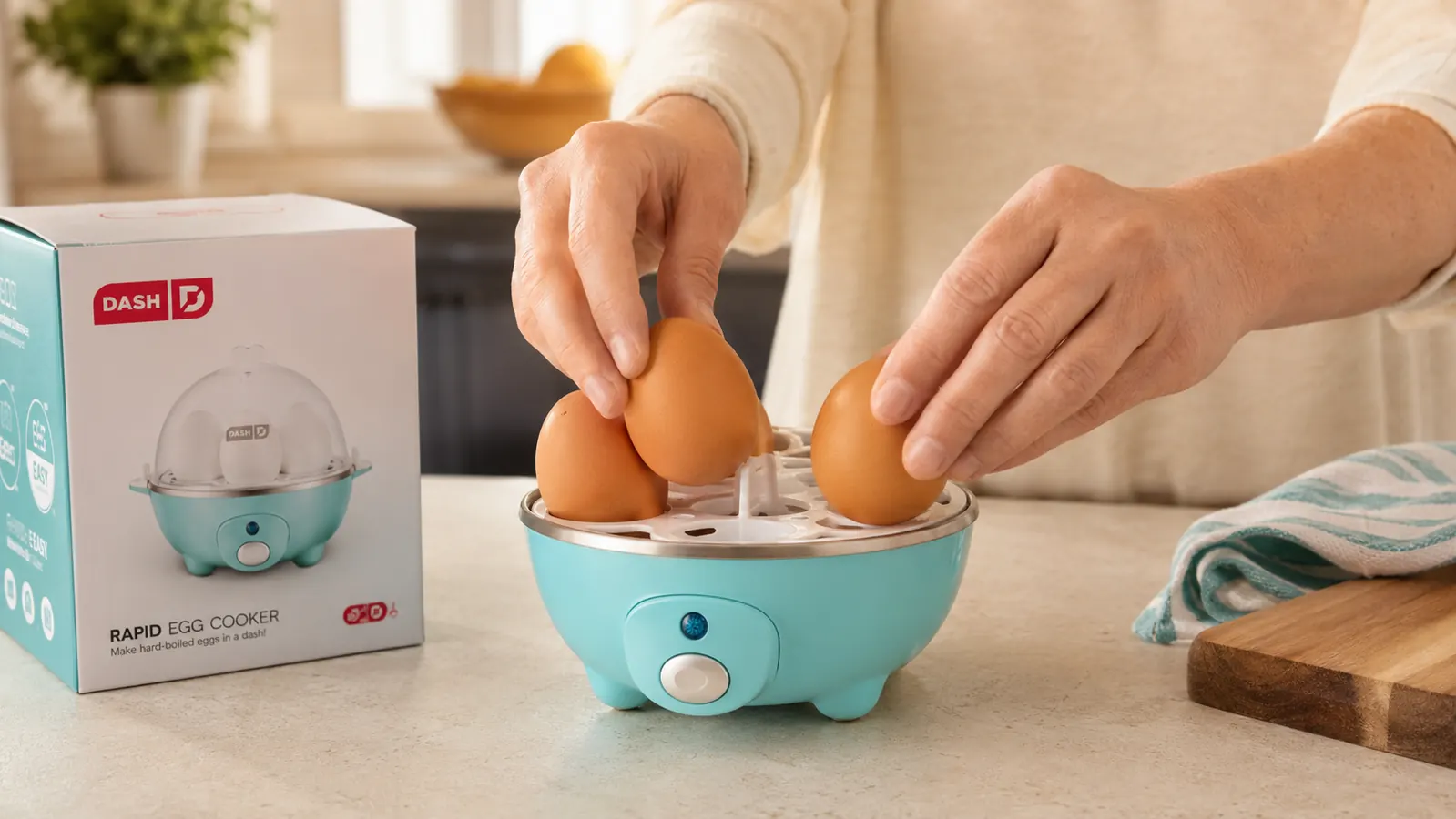 Hands placing eggs into the Dash Rapid Egg Cooker tray before snapping on the lid