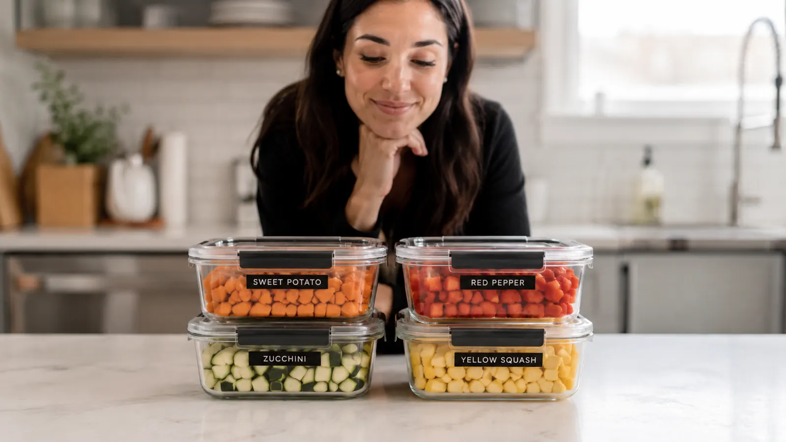 Four labeled meal prep containers filled with prepped vegetables sitting on a kitchen counter