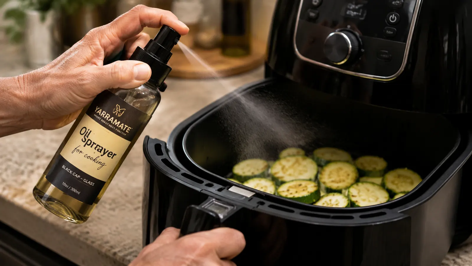 Hand pressing the pump on a glass oil sprayer to mist an air fryer basket