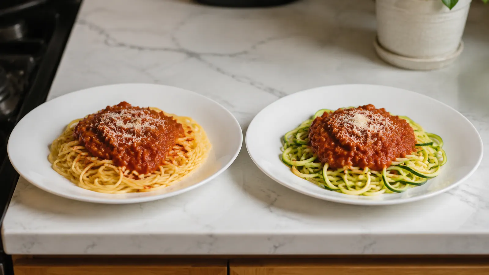Side-by-side comparison of a plate of pasta versus a bowl of zucchini noodles