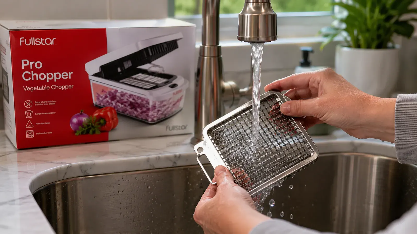 The detached blade grid and container of a food chopper being rinsed under the sink faucet