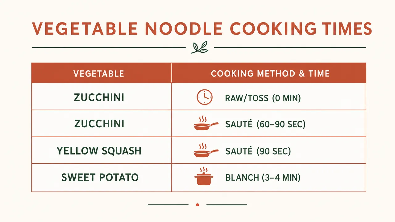 Side-by-side chart showing cooking times for zucchini, yellow squash, and sweet potato noodles