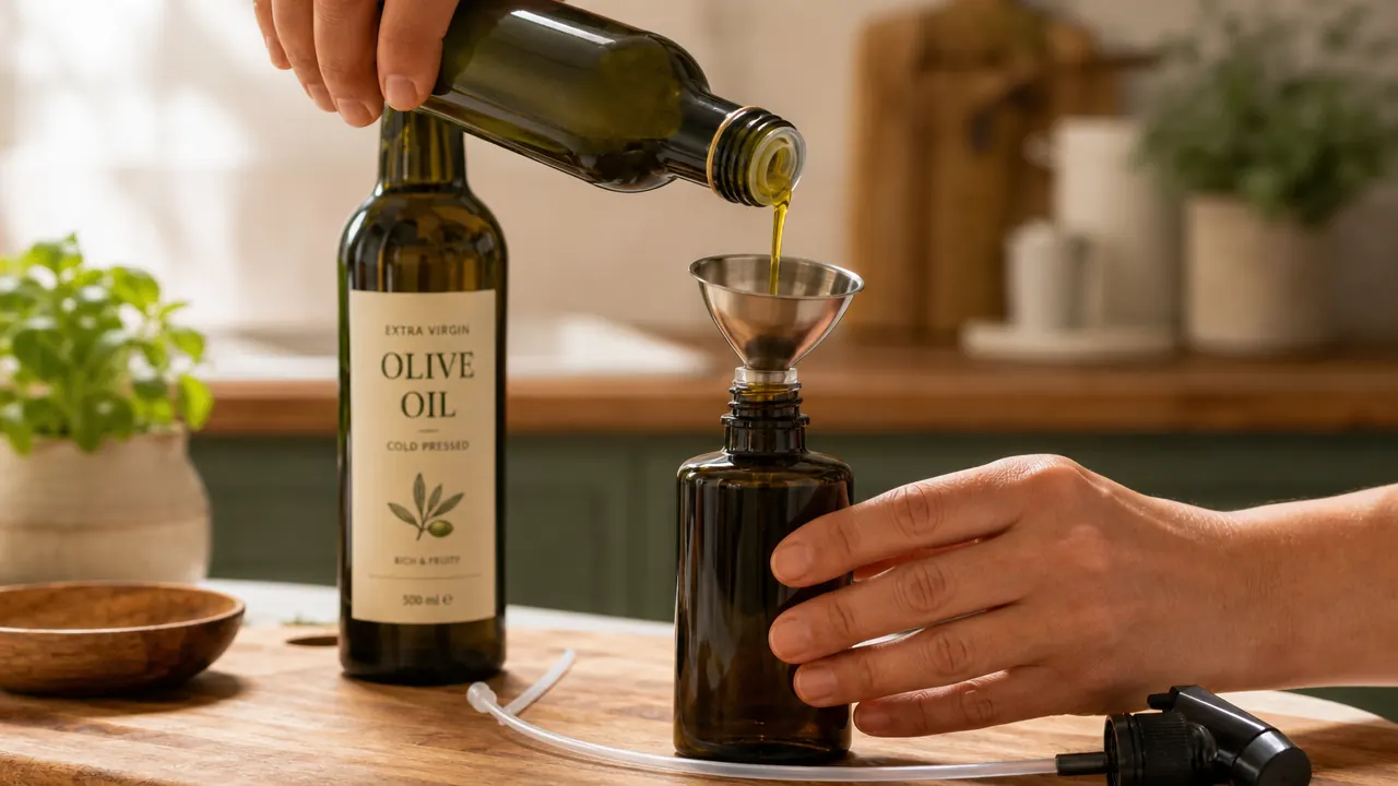 YARRAMATE glass oil sprayer being filled with olive oil next to a bottle of olive oil on a kitchen counter