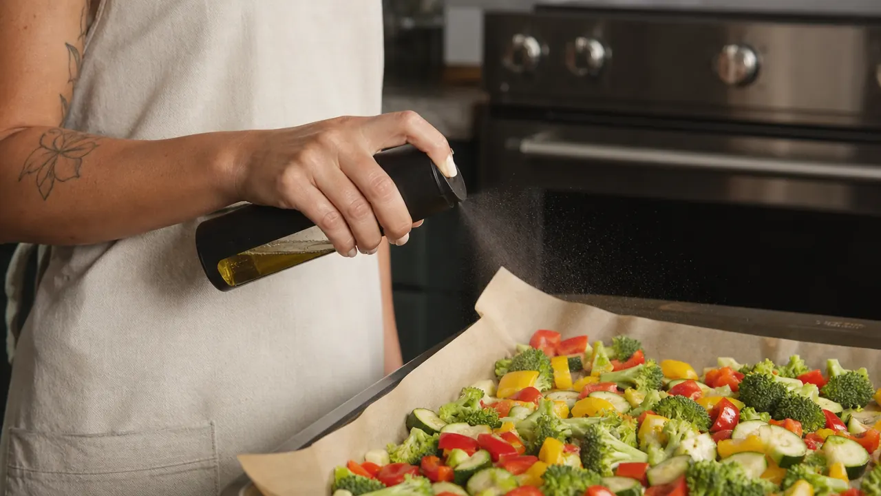 YARRAMATE oil sprayer misting a sheet pan of cut vegetables ready for the oven