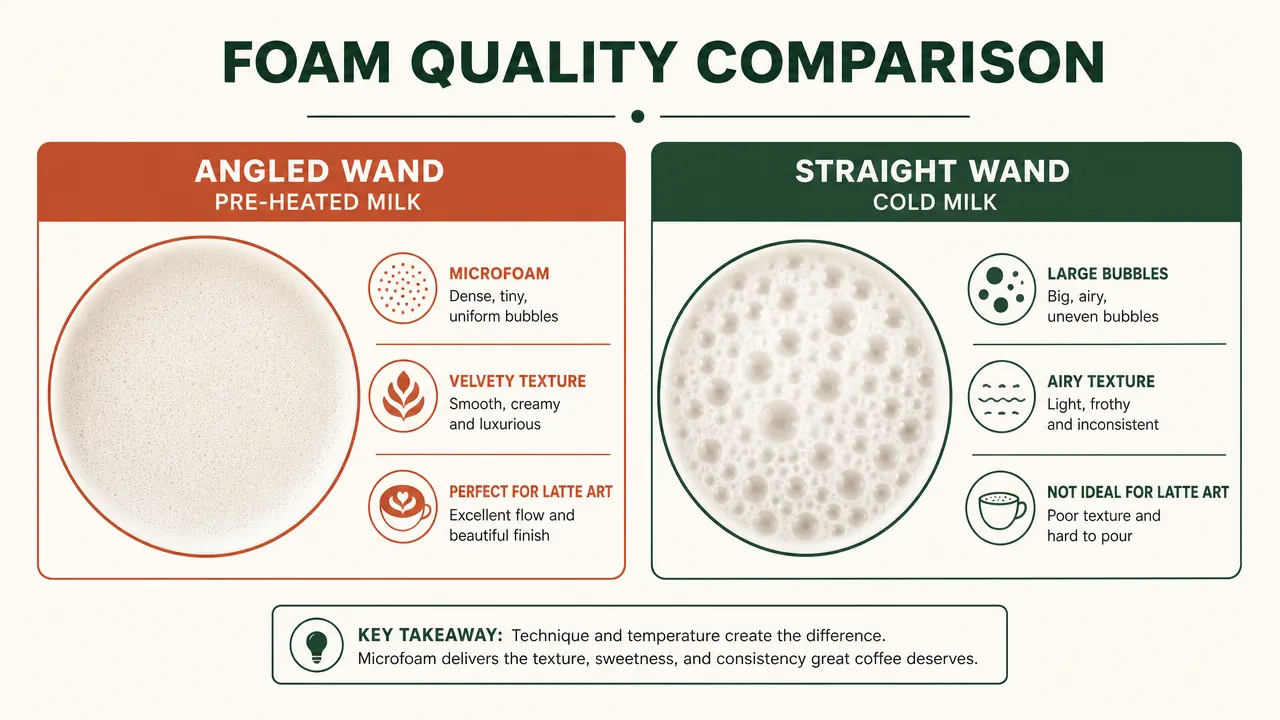 Side-by-side comparison showing dense microfoam from a handheld frother versus airy large-bubble foam, labeled Technique A and Technique B