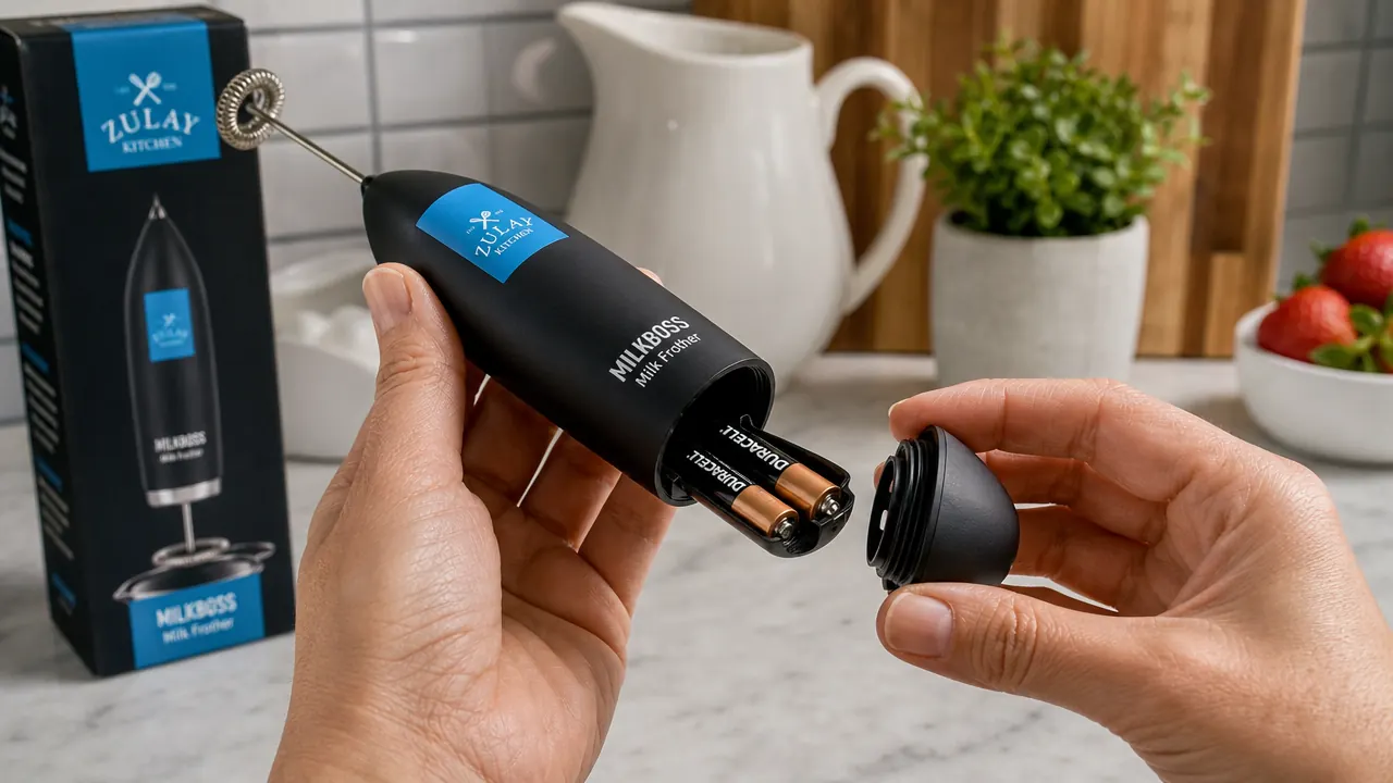 Hand opening the twist-off battery compartment cap on the bottom of a handheld frother wand, showing AA batteries inside