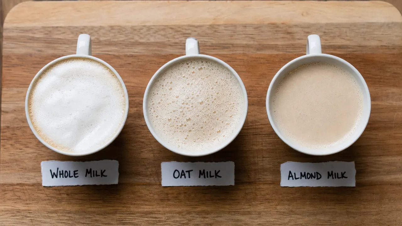 Overhead view of three mugs showing foam results from whole milk, oat milk, and almond milk side by side