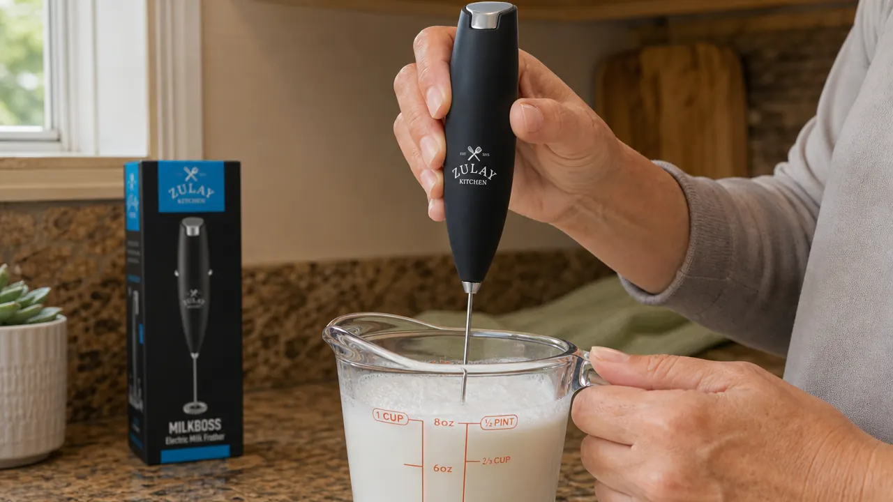 Hand holding the Zulay milk frother wand submerged in a glass measuring cup of steaming milk
