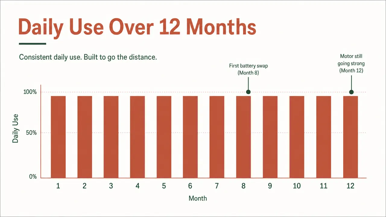 Chart showing daily frother use over 12 months, motor still functioning at month 12