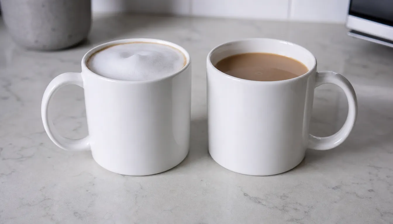 Two mugs side by side showing foam from a handheld frother versus a plain stirred cup