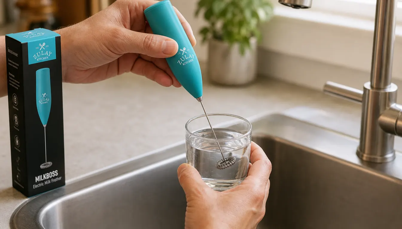 Person cleaning a milk frother wand by swirling it in a small glass of water at the sink