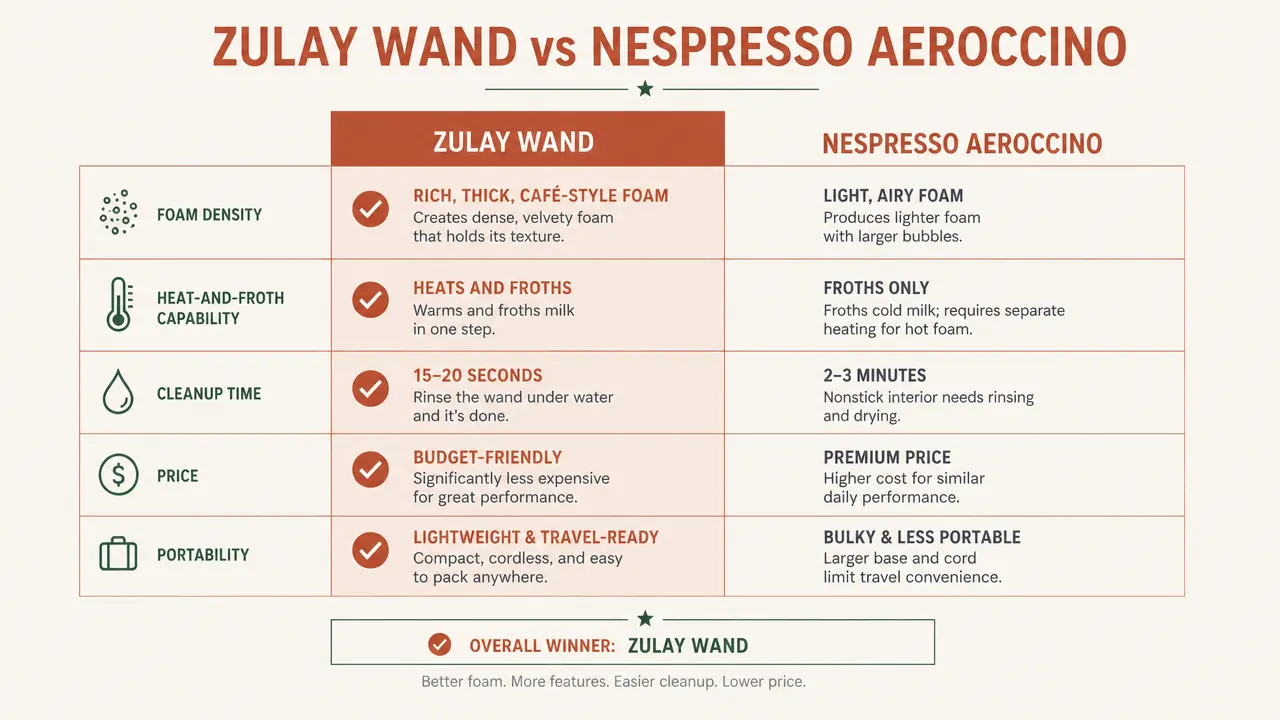 Comparison infographic of Zulay wand vs Nespresso Aeroccino across five key criteria